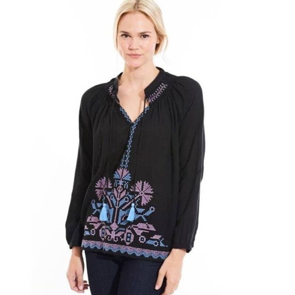 ROLLER RABBIT Nadia Embroidered Peasant Top Women XS Black Boho Cotton Blouse